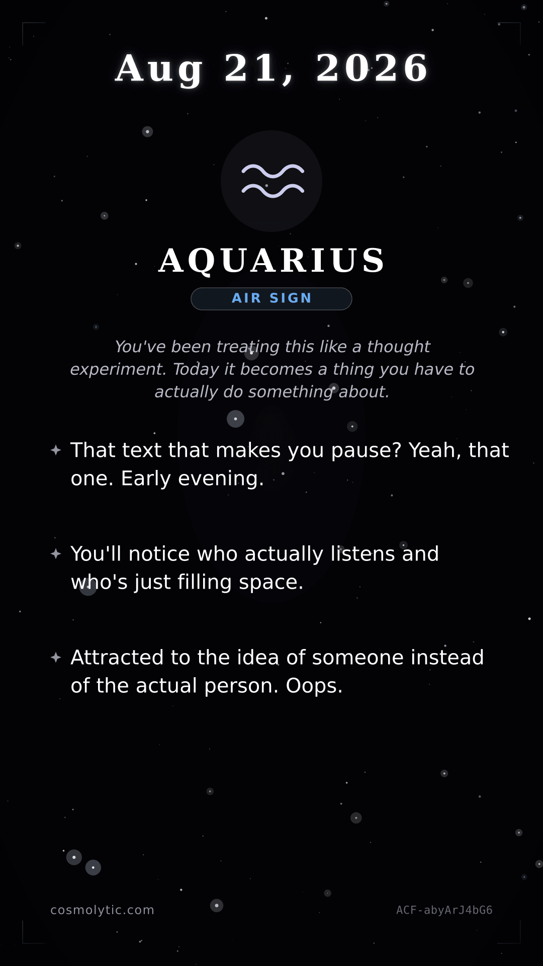 Aquarius daily horoscope card for August 21, 2026
