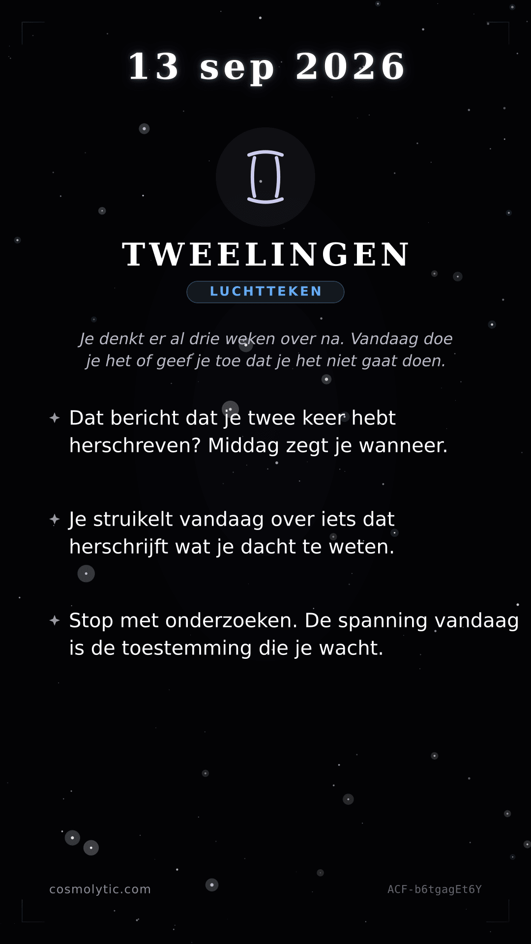 Tweelingen daghoroscoop kaart voor 13 september 2026
