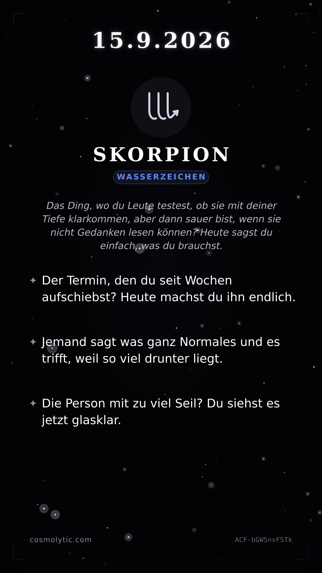 Skorpion Tageshoroskop-Karte für 15. September 2026
