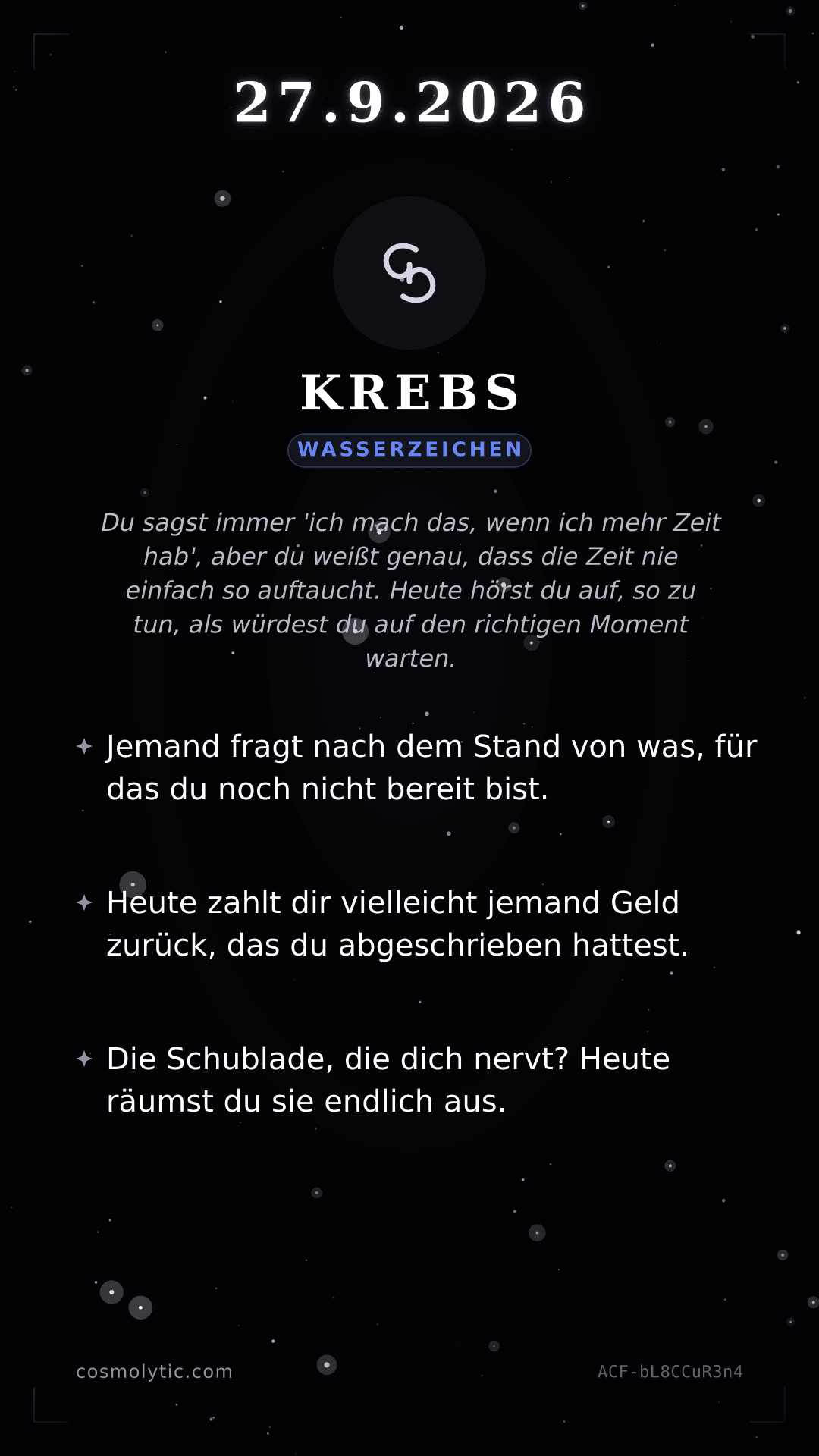Krebs Tageshoroskop-Karte für 27. September 2026