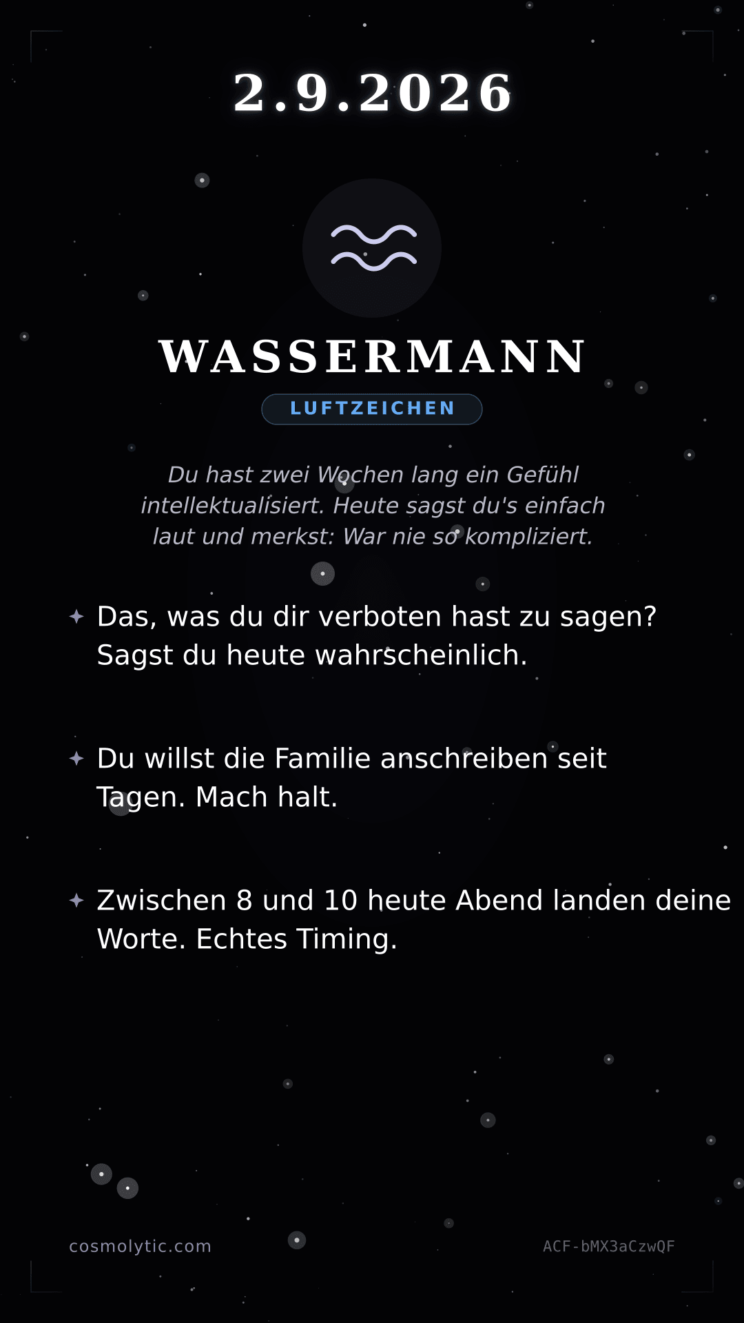 Wassermann Tageshoroskop-Karte für 2. September 2026