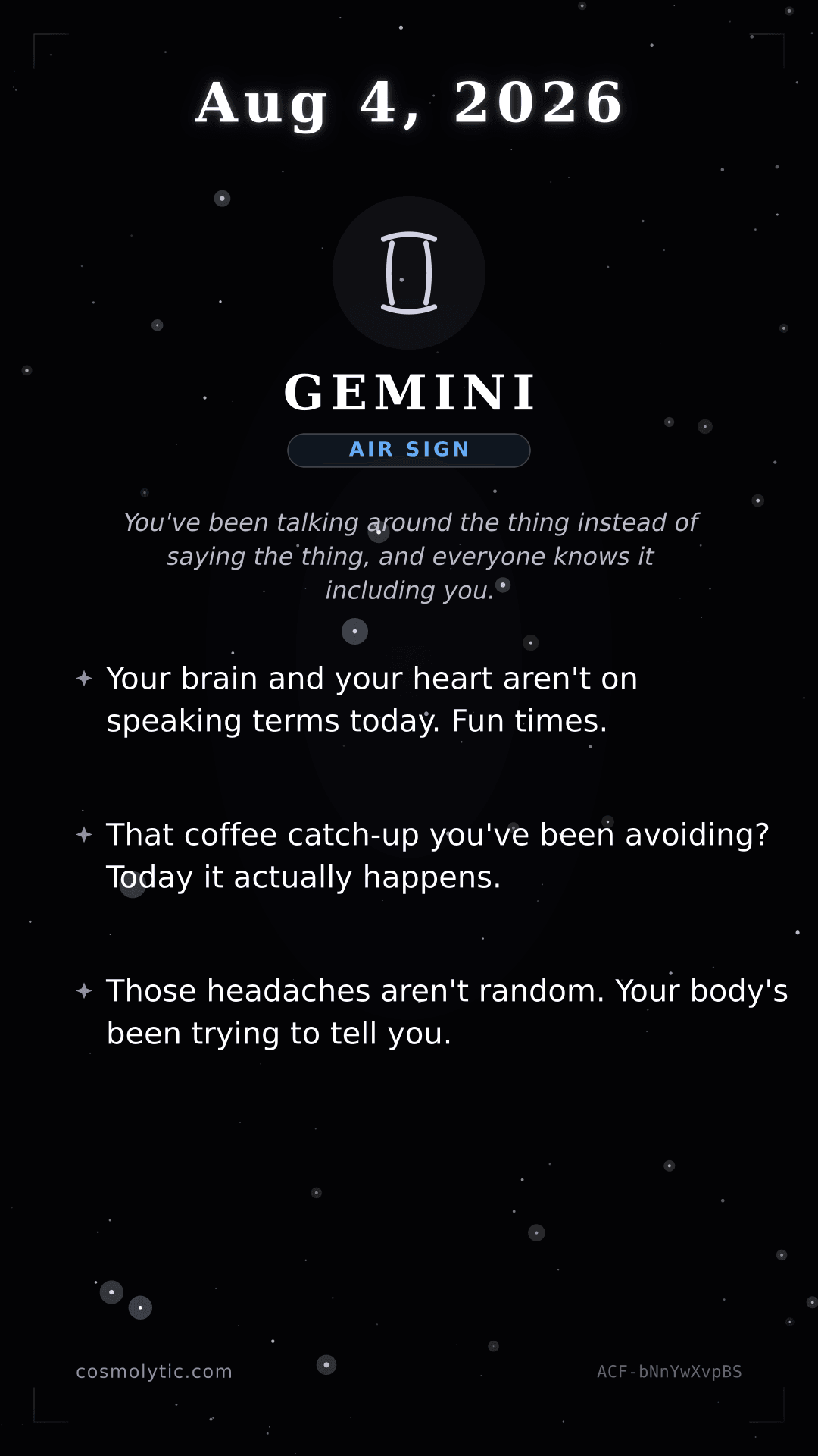 Gemini daily horoscope card for August 4, 2026