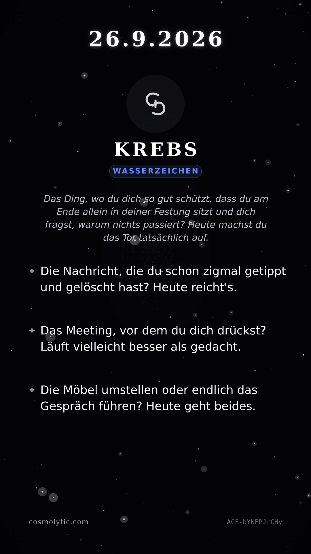 Krebs Tageshoroskop-Karte für 26. September 2026