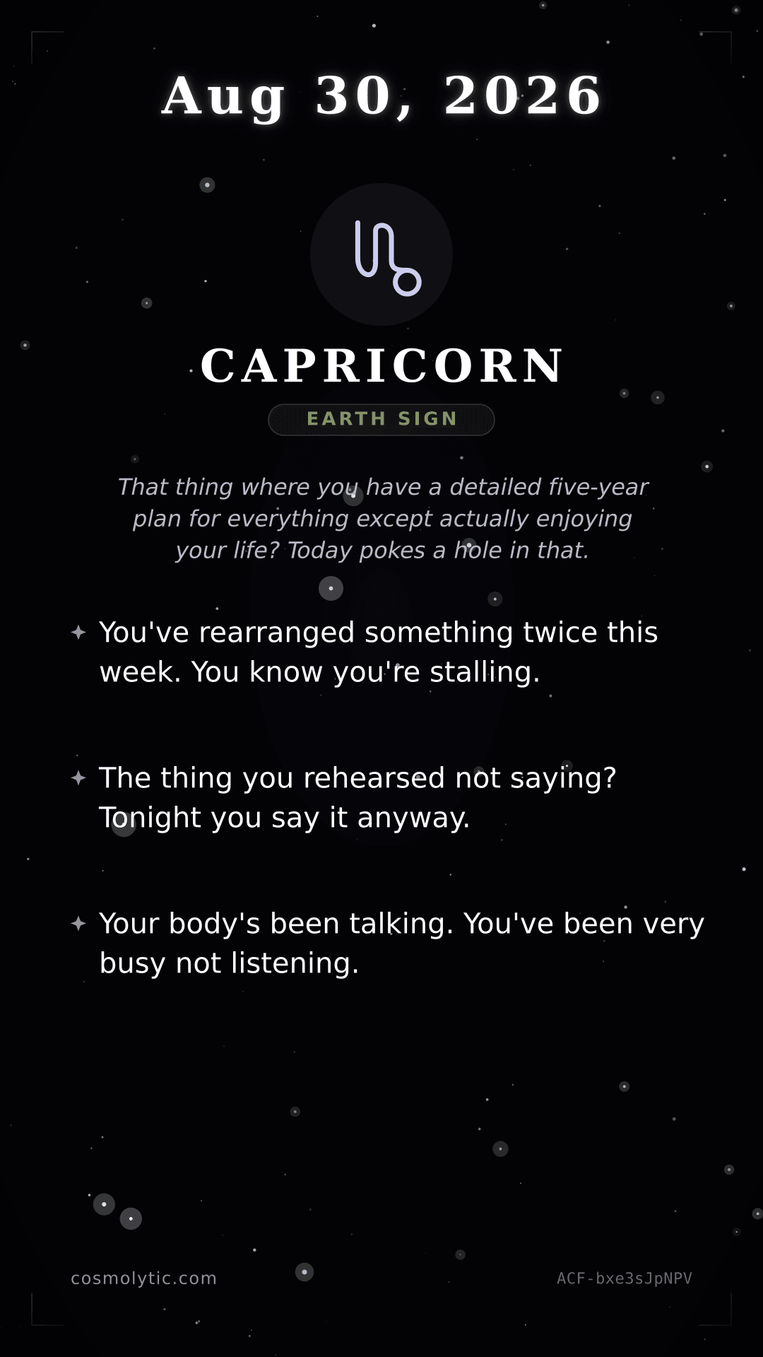 Capricorn daily horoscope card for August 30, 2026