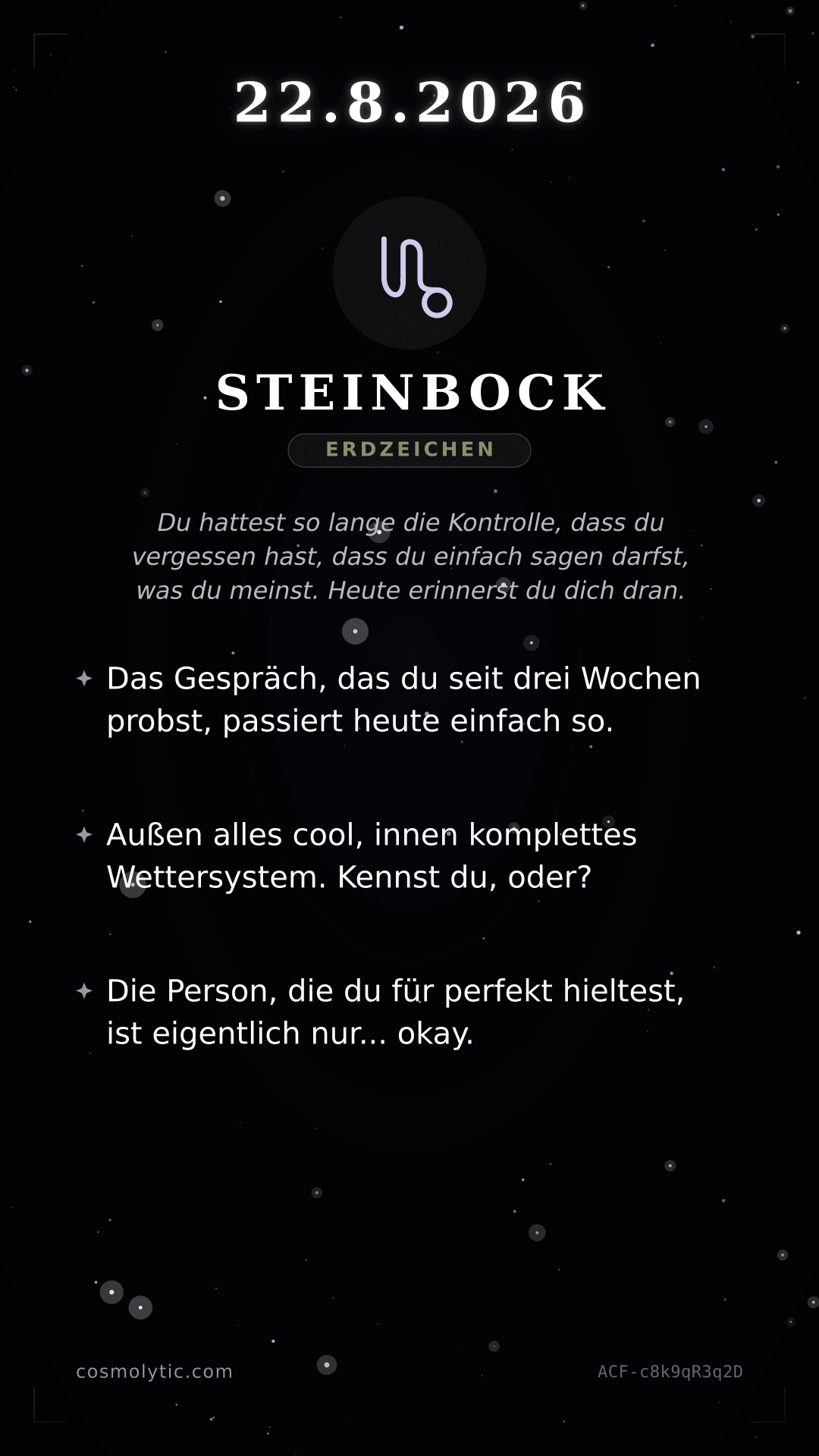 Steinbock Tageshoroskop-Karte für 22. August 2026