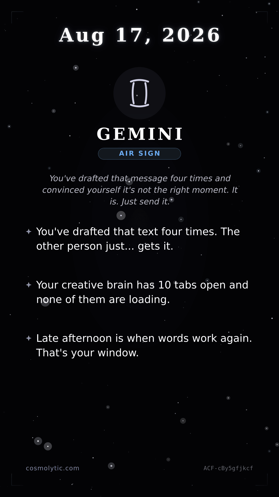 Gemini daily horoscope card for August 17, 2026