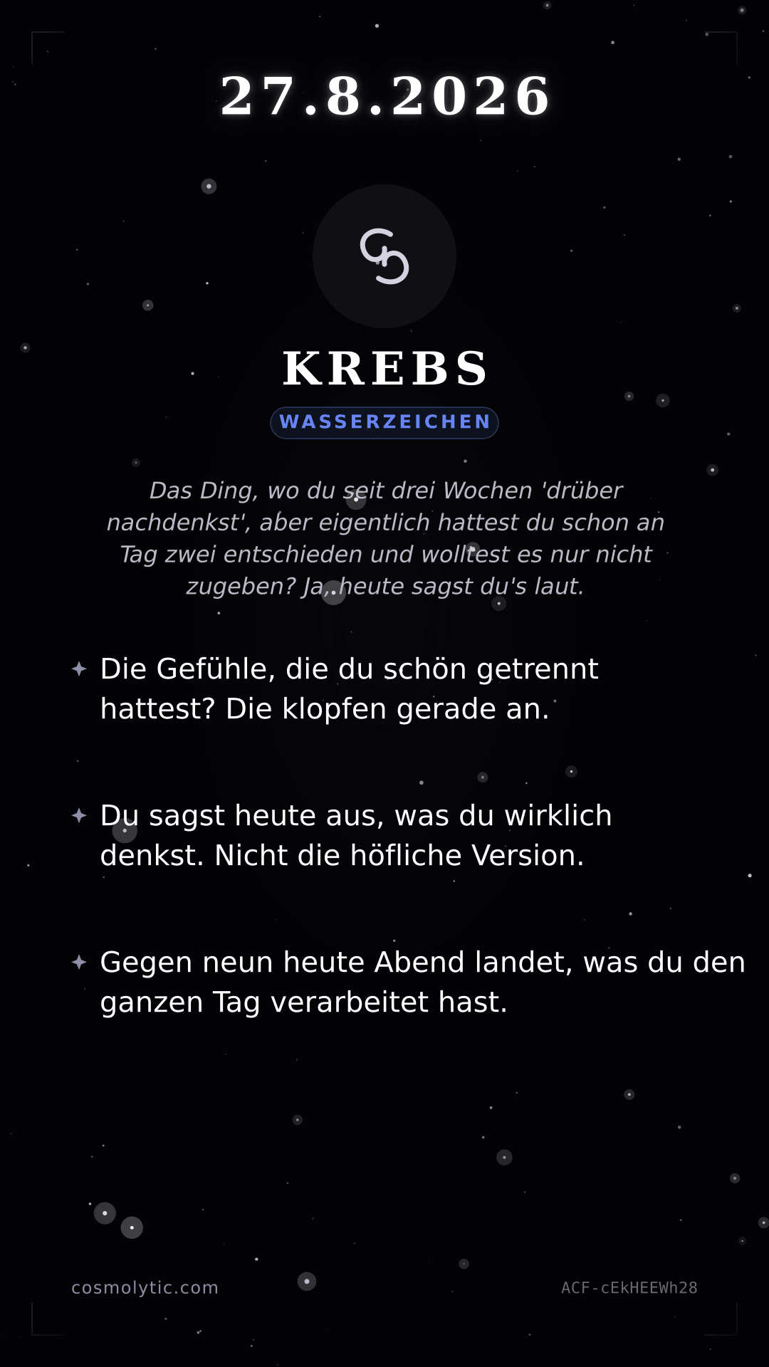Krebs Tageshoroskop-Karte für 27. August 2026