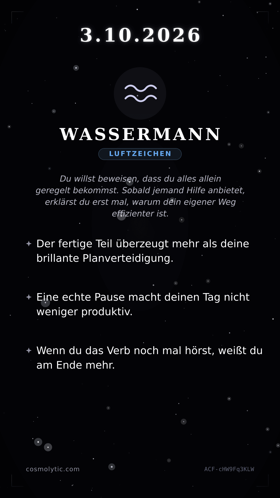Wassermann Tageshoroskop-Karte für 3. Oktober 2026