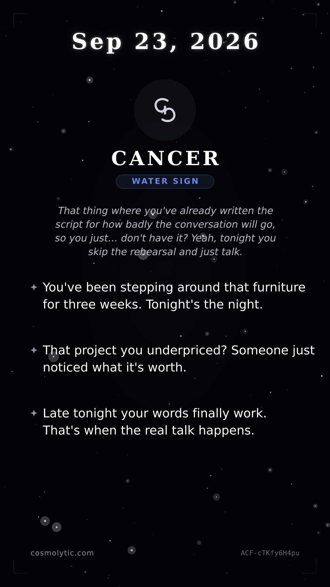 Cancer daily horoscope card for September 23, 2026
