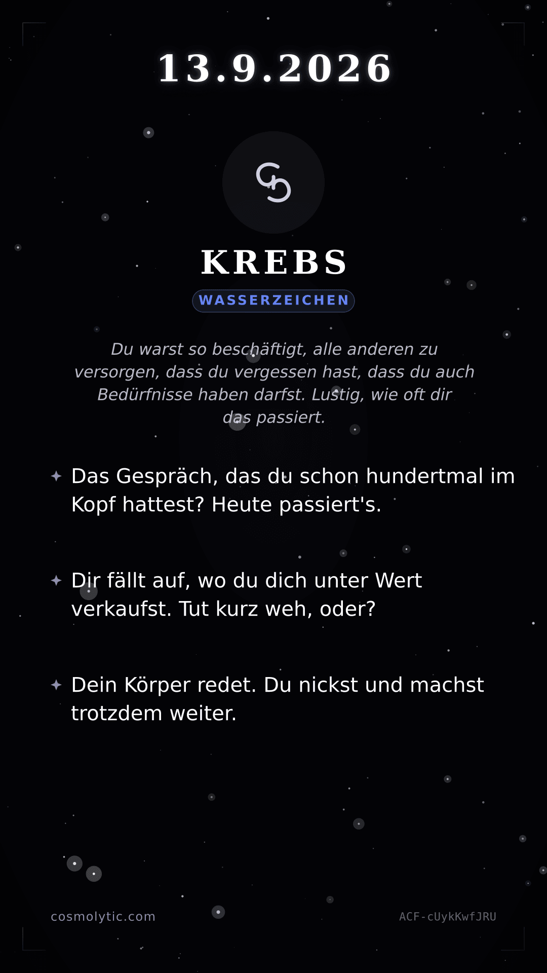 Krebs Tageshoroskop-Karte für 13. September 2026