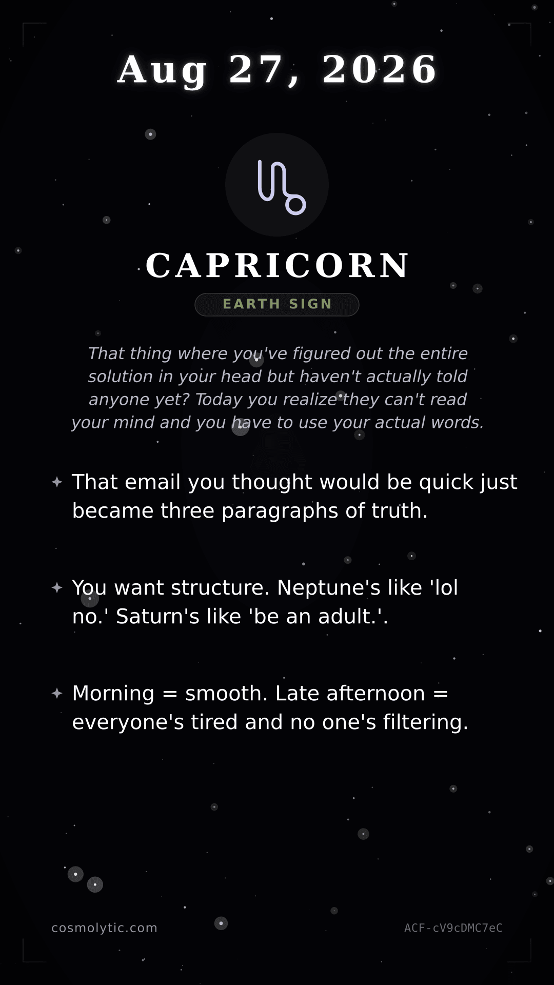 Capricorn daily horoscope card for August 27, 2026