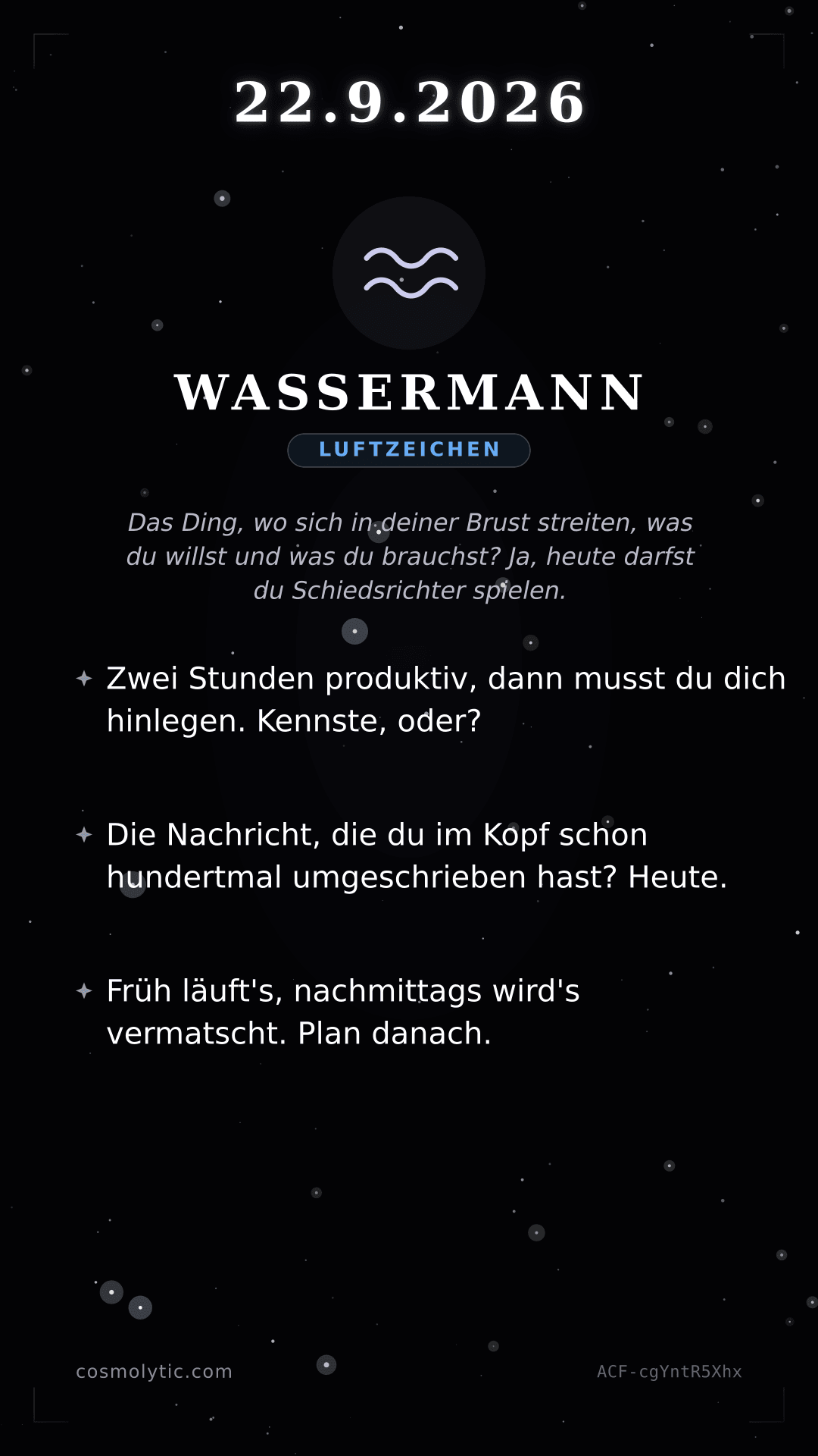 Wassermann Tageshoroskop-Karte für 22. September 2026