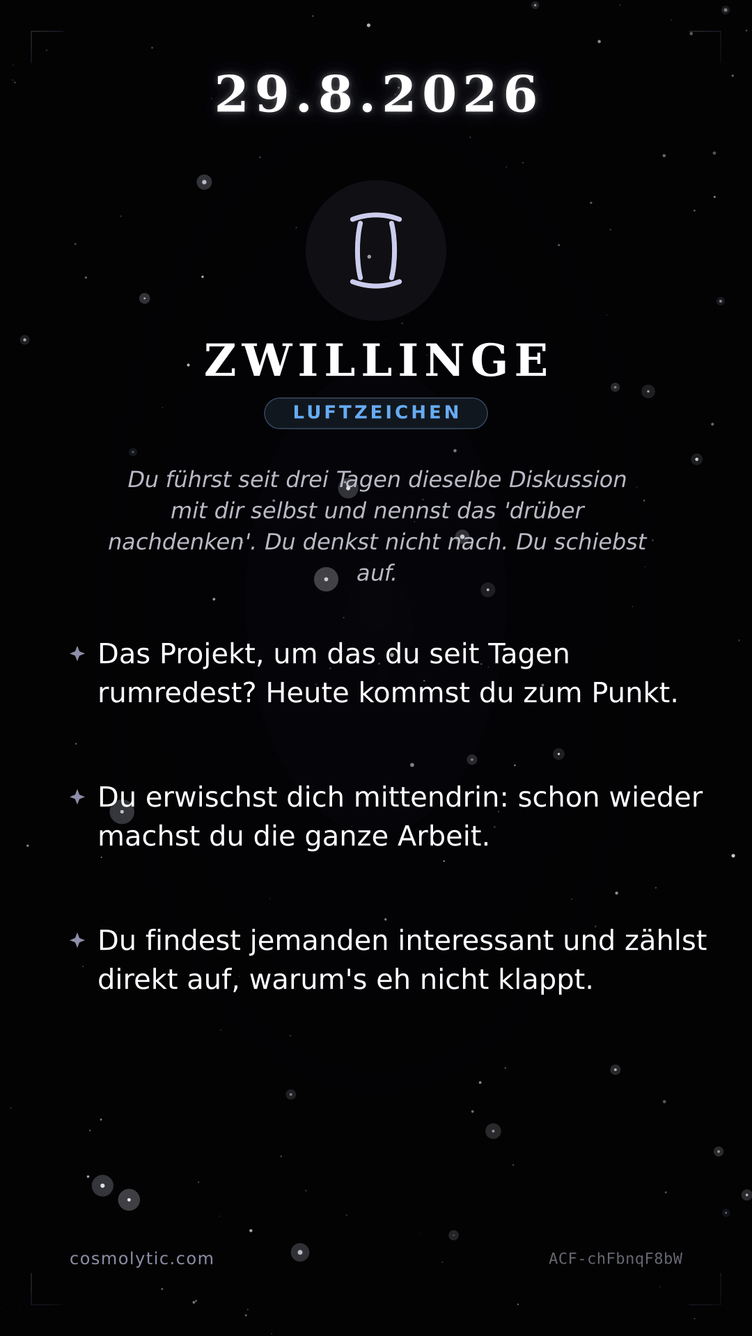 Zwillinge Tageshoroskop-Karte für 29. August 2026