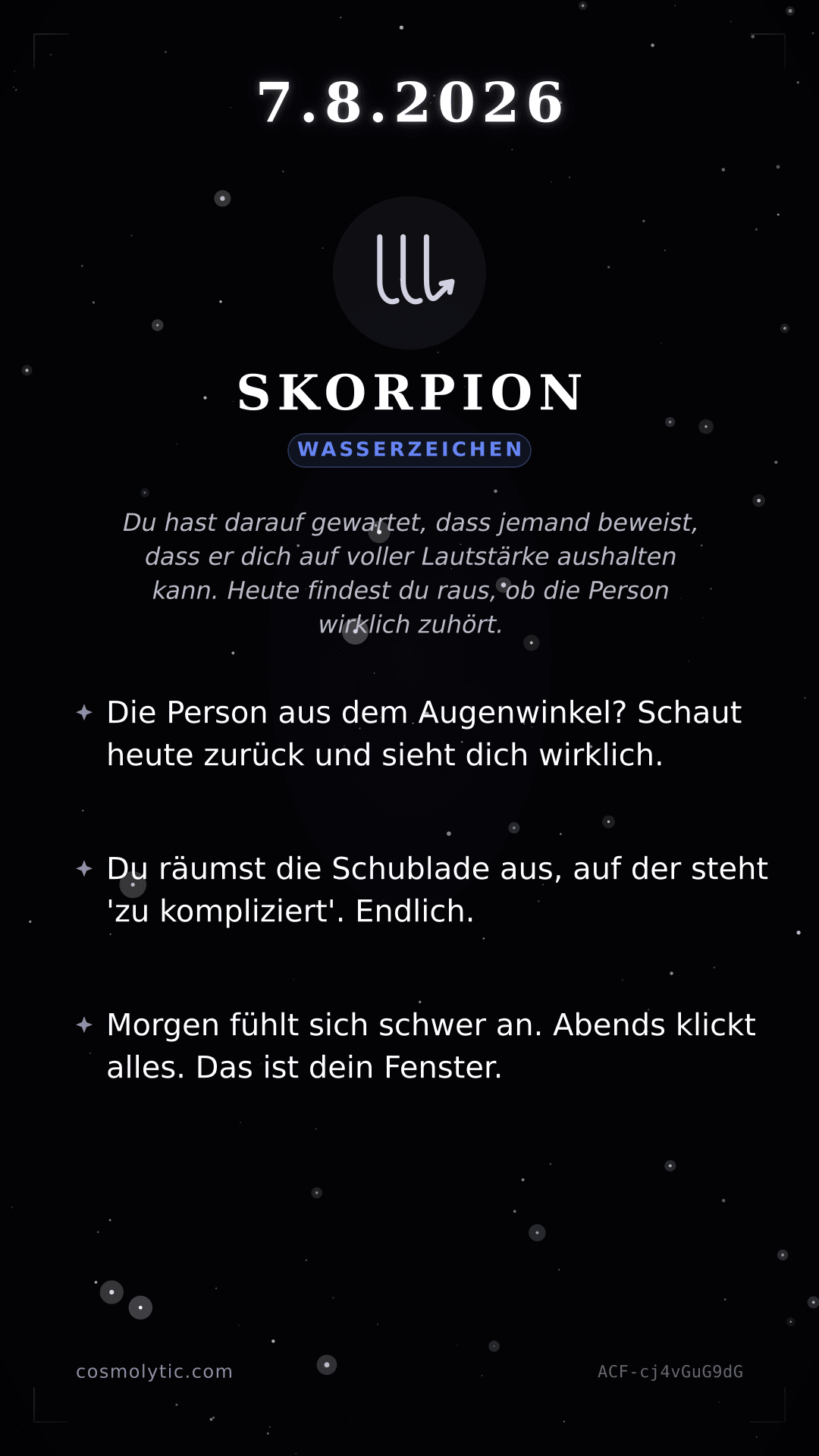 Skorpion Tageshoroskop-Karte für 7. August 2026