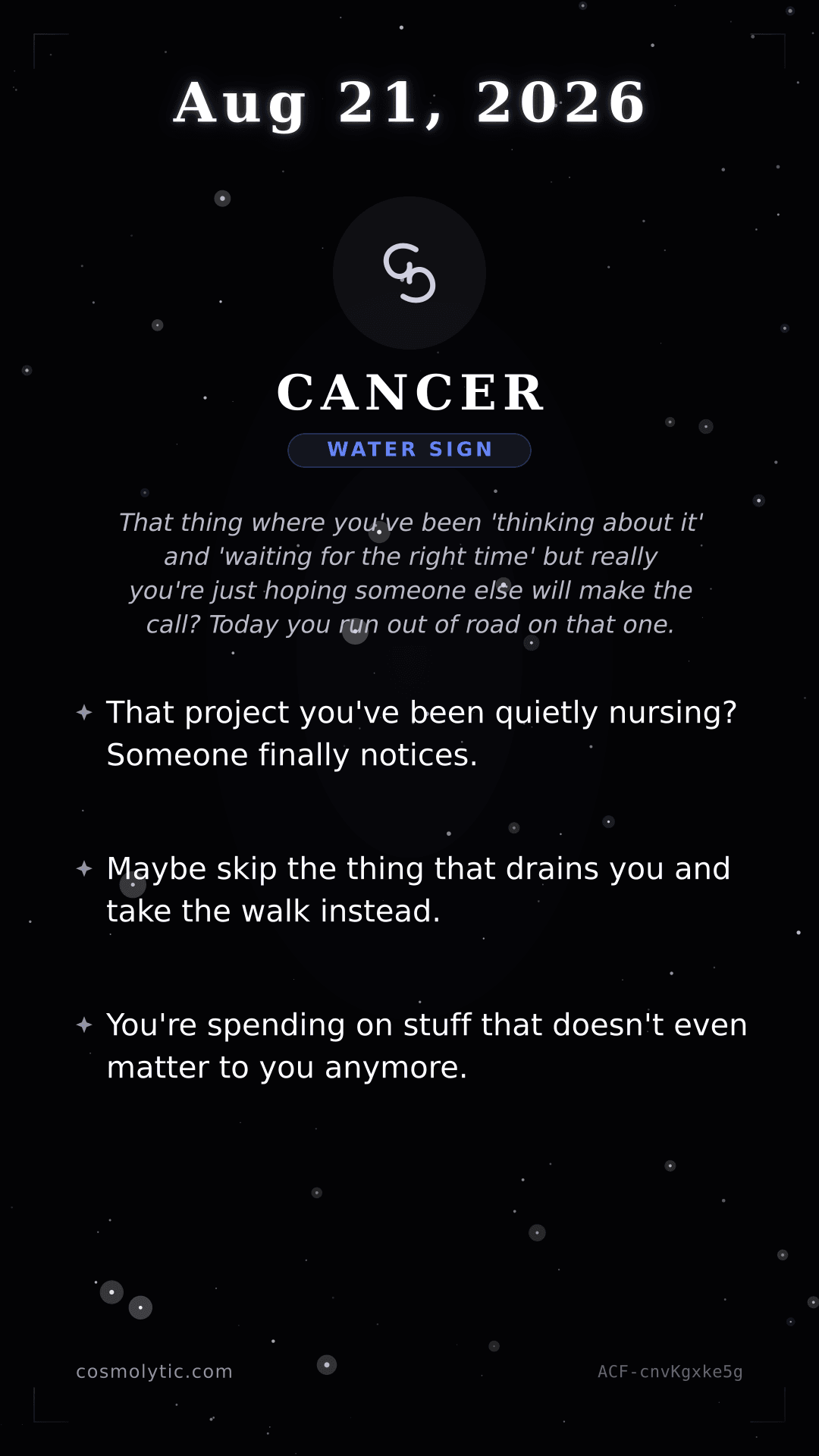 Cancer daily horoscope card for August 21, 2026