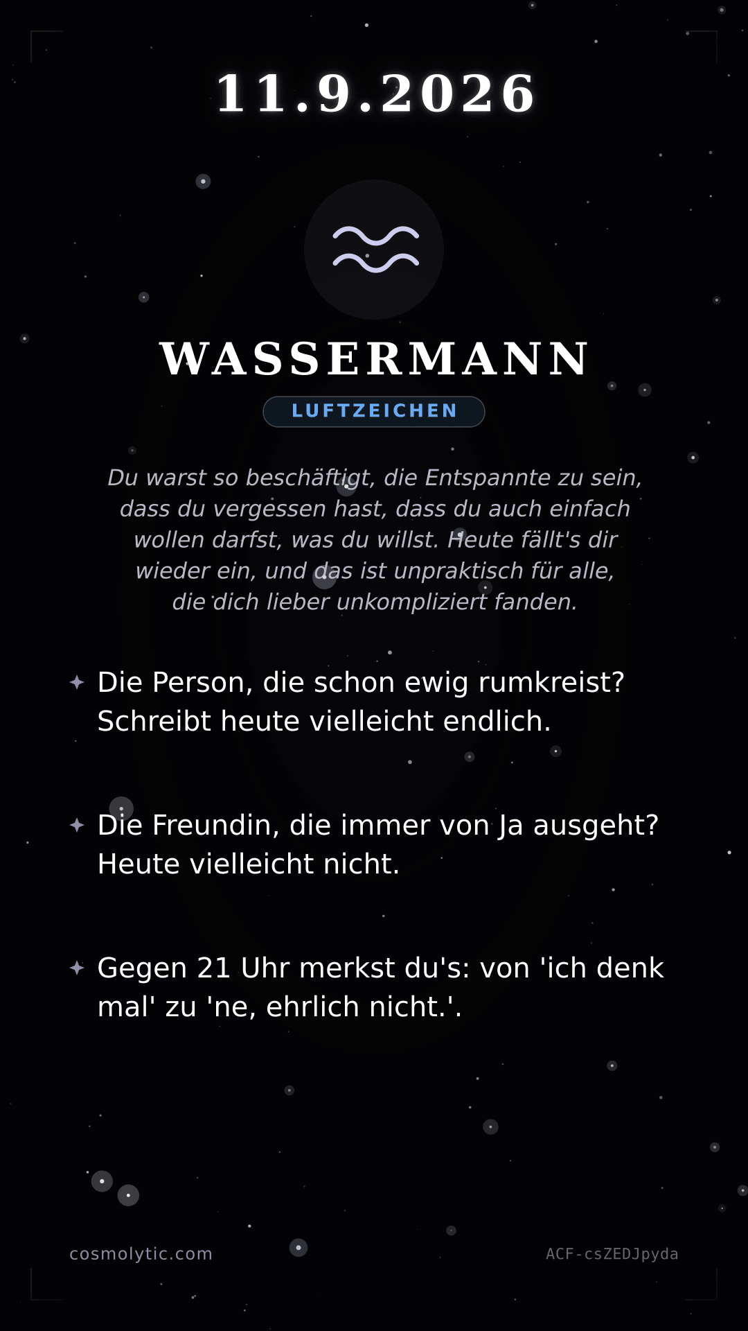 Wassermann Tageshoroskop-Karte für 11. September 2026