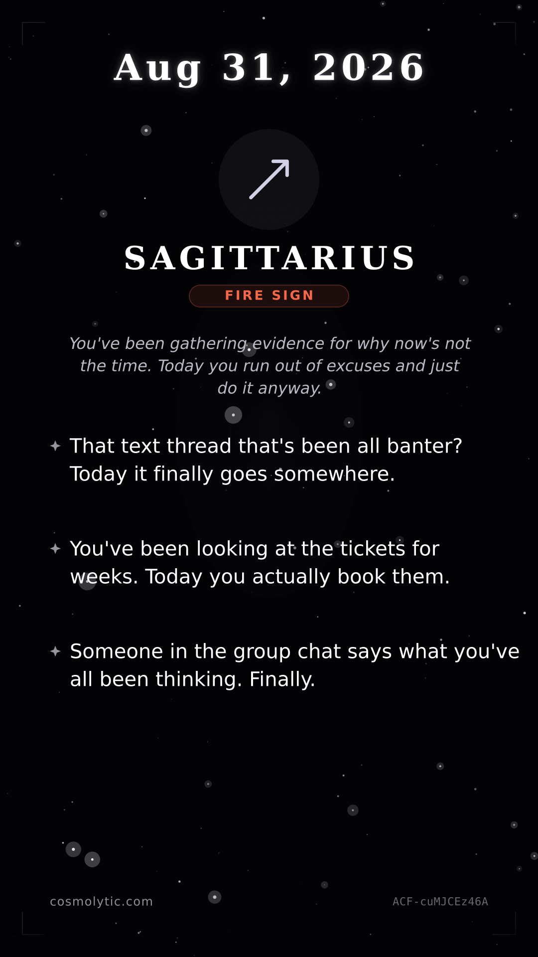 Sagittarius daily horoscope card for August 31, 2026