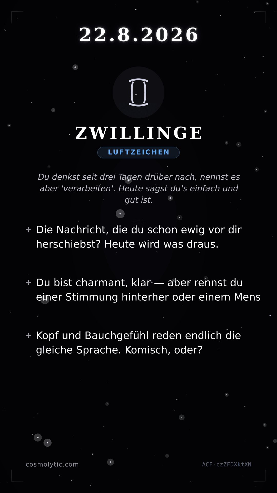 Zwillinge Tageshoroskop-Karte für 22. August 2026