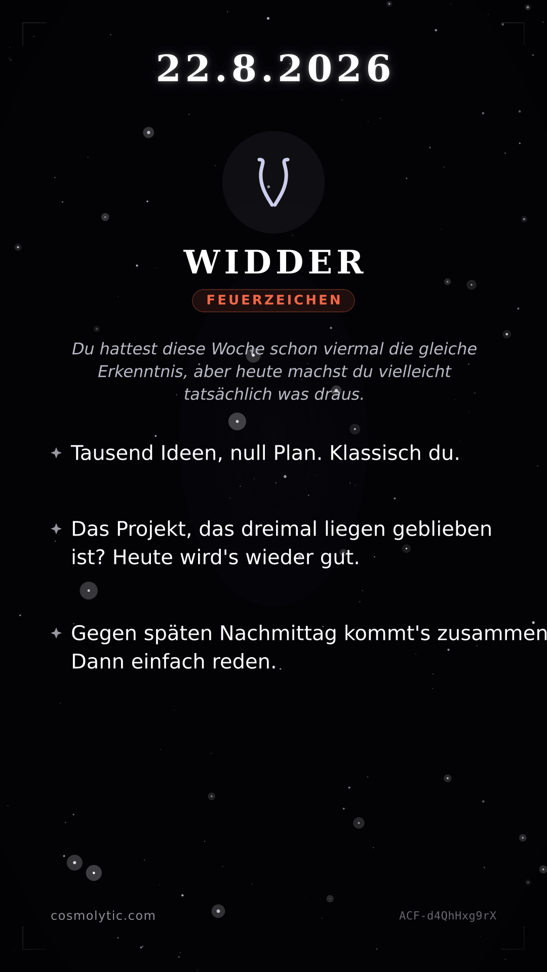 Widder Tageshoroskop-Karte für 22. August 2026