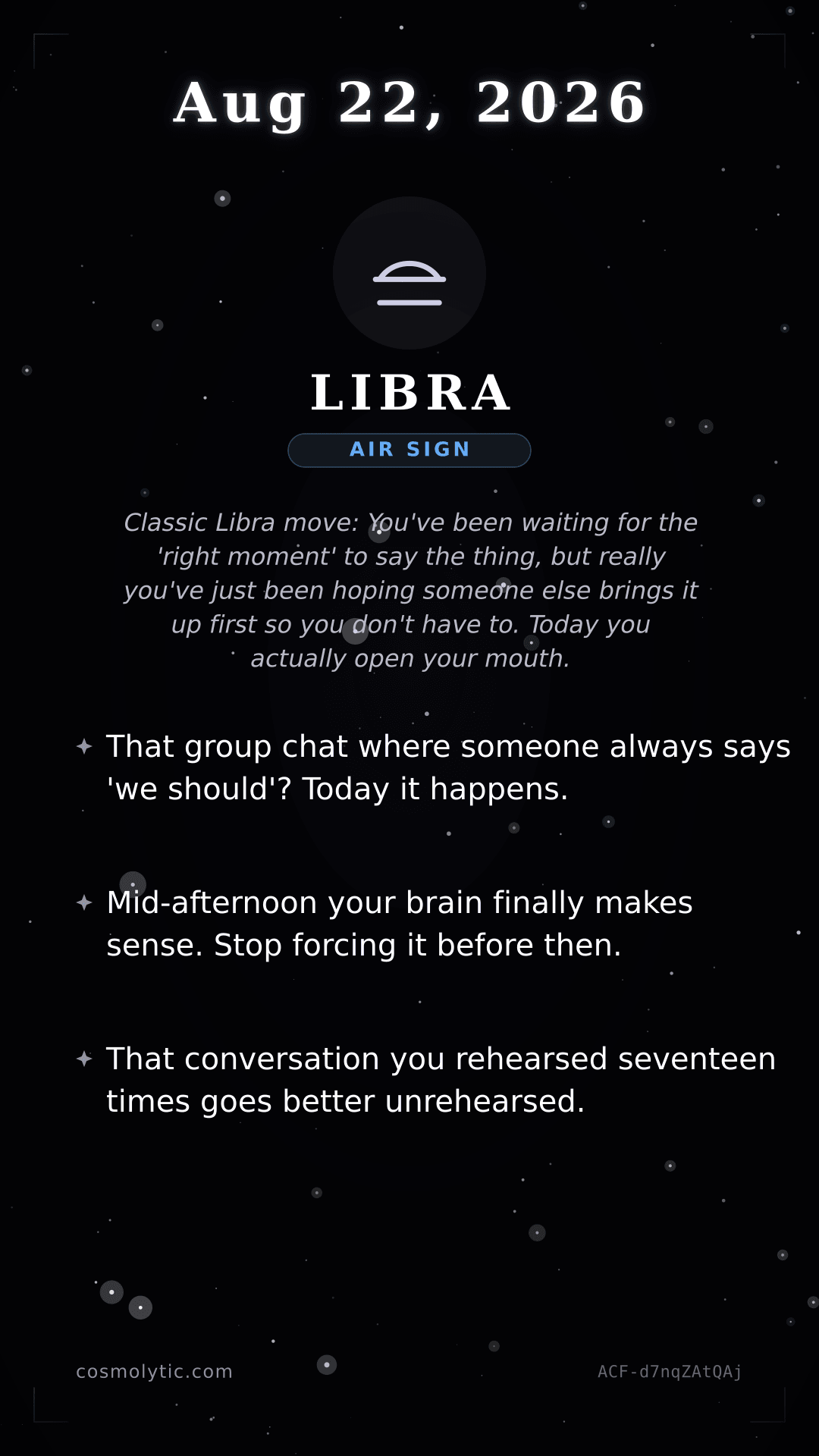 Libra daily horoscope card for August 22, 2026