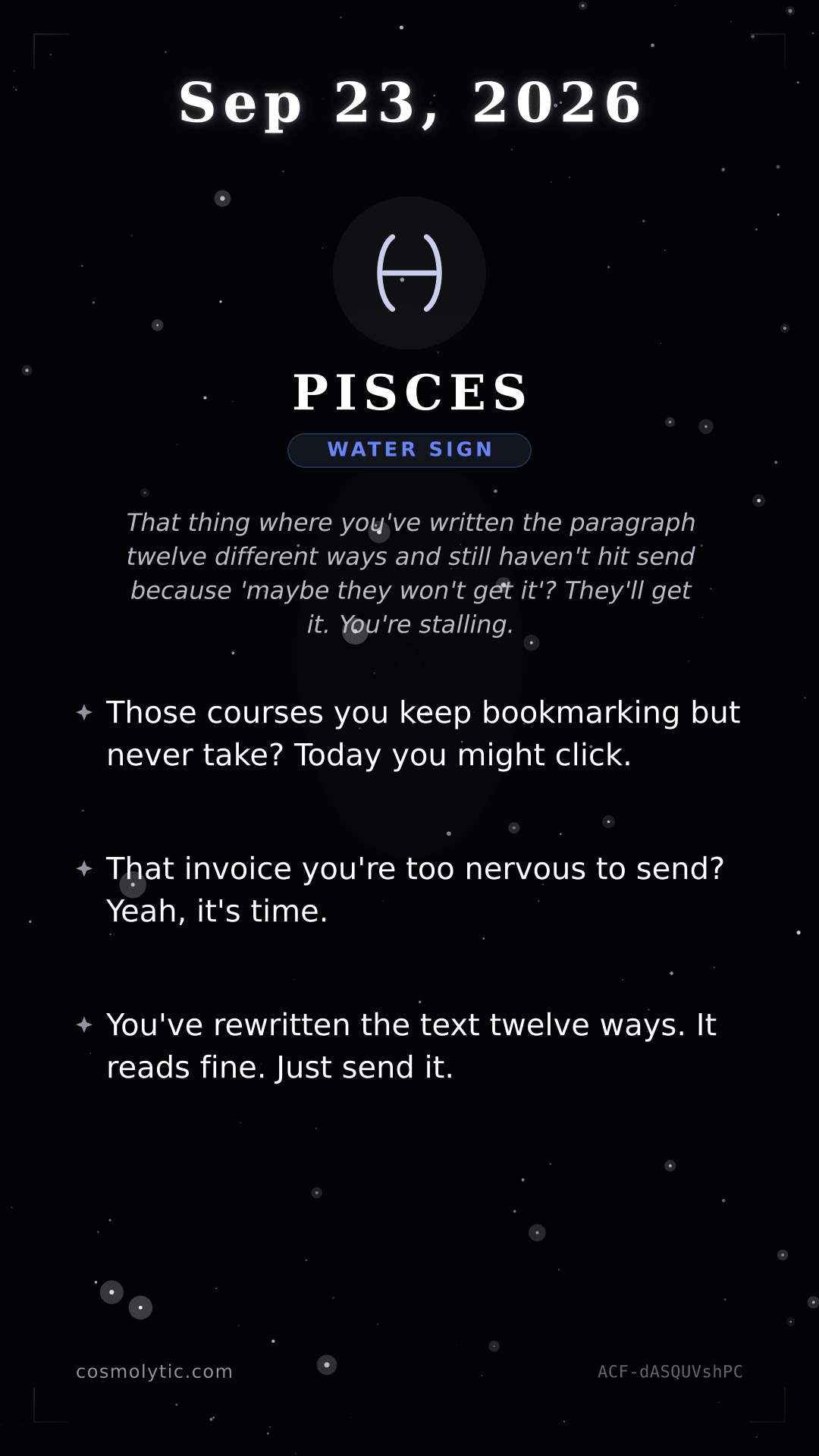 Pisces daily horoscope card for September 23, 2026