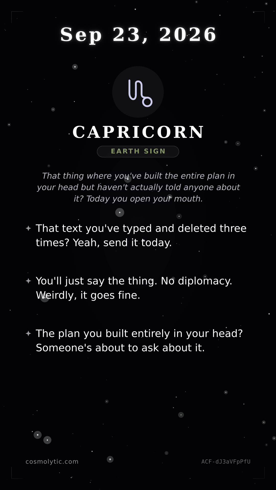 Capricorn daily horoscope card for September 23, 2026