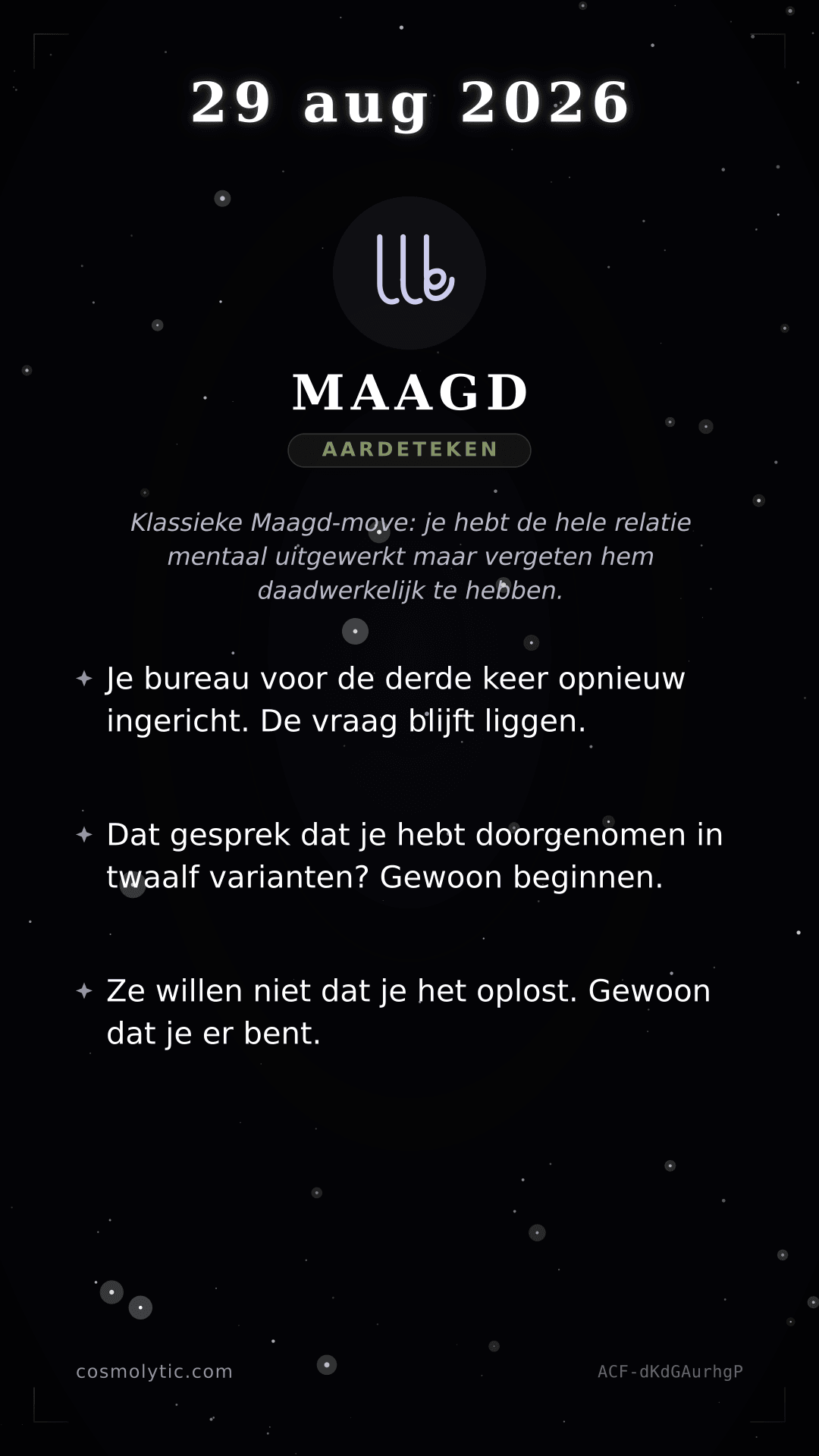 Maagd daghoroscoop kaart voor 29 augustus 2026