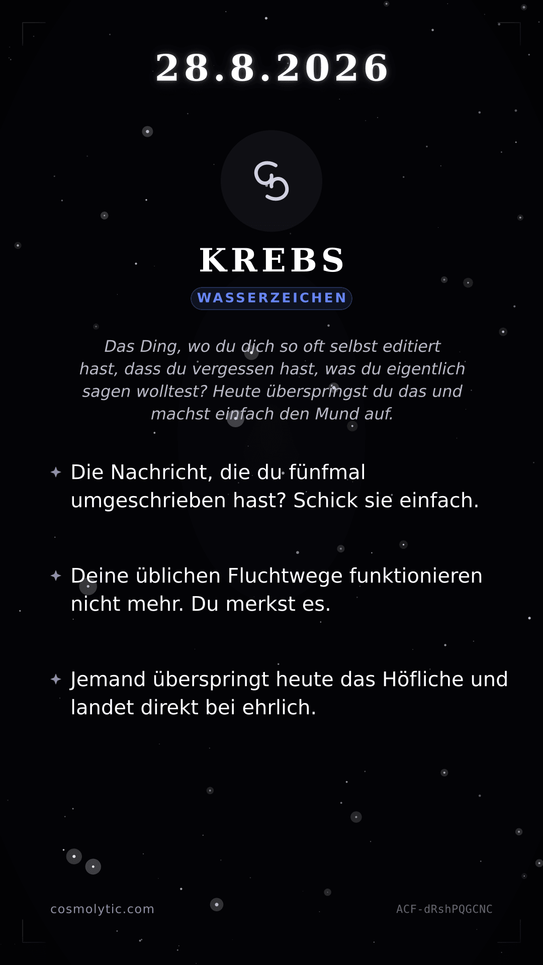 Krebs Tageshoroskop-Karte für 28. August 2026