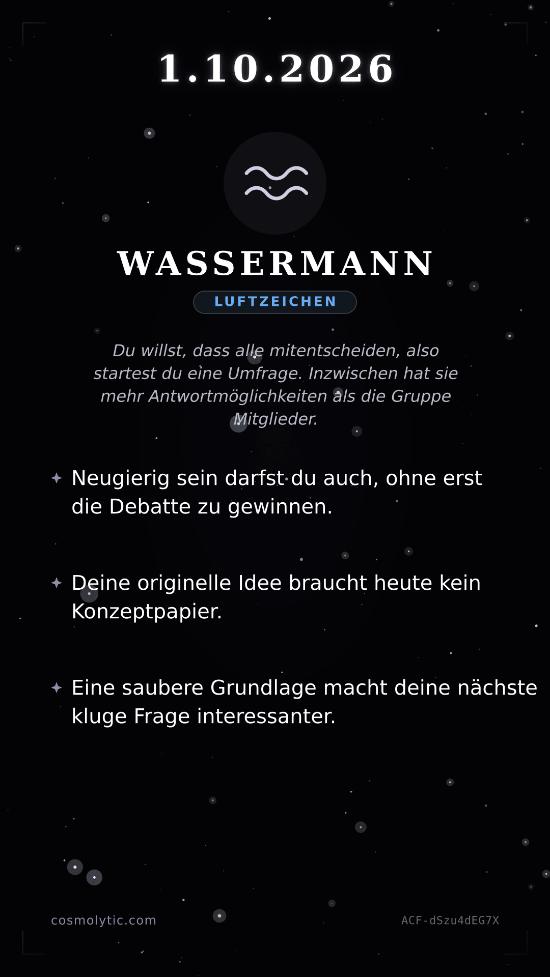 Wassermann Tageshoroskop-Karte für 1. Oktober 2026