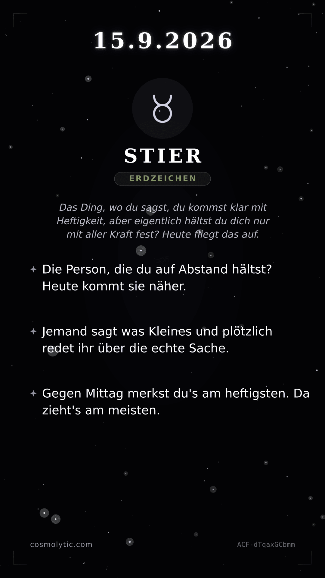Stier Tageshoroskop-Karte für 15. September 2026