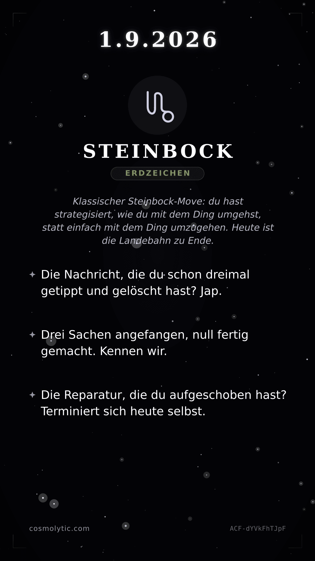 Steinbock Tageshoroskop-Karte für 1. September 2026