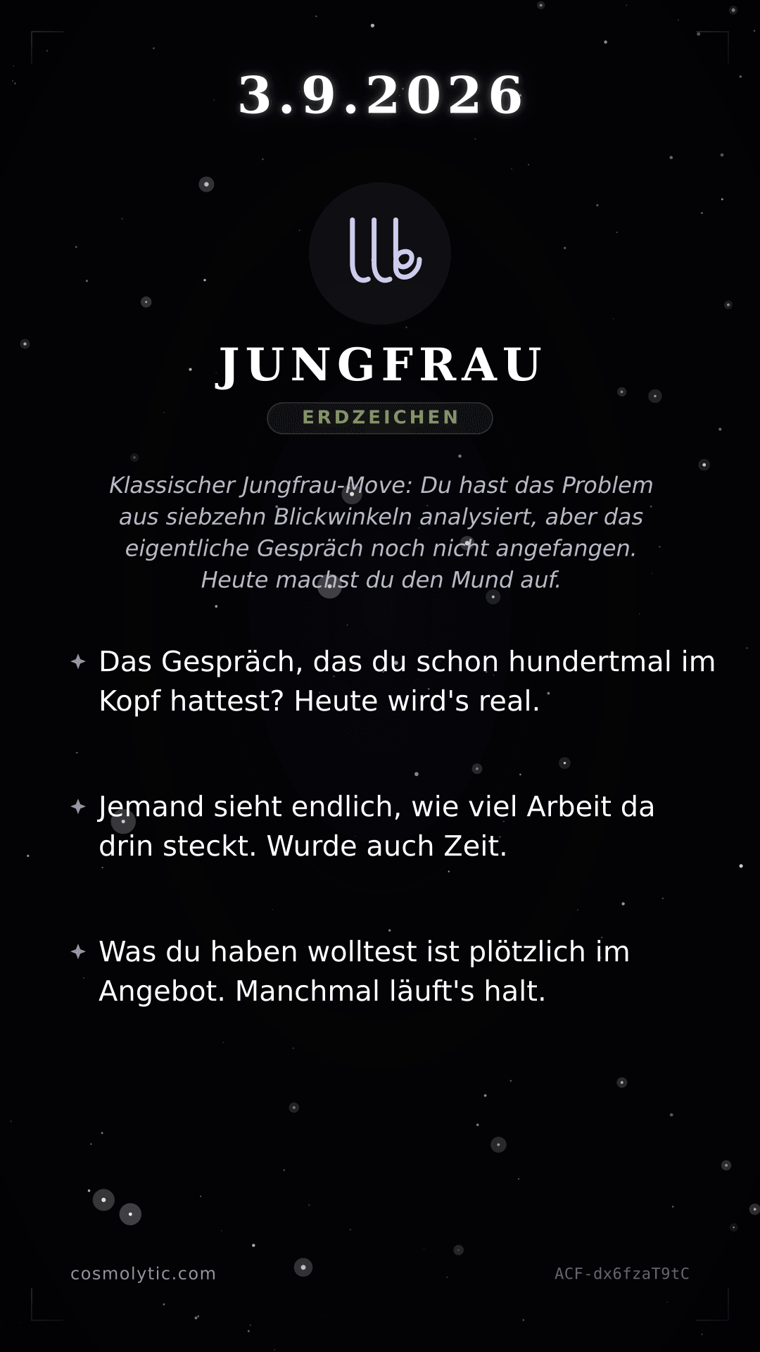 Jungfrau Tageshoroskop-Karte für 3. September 2026