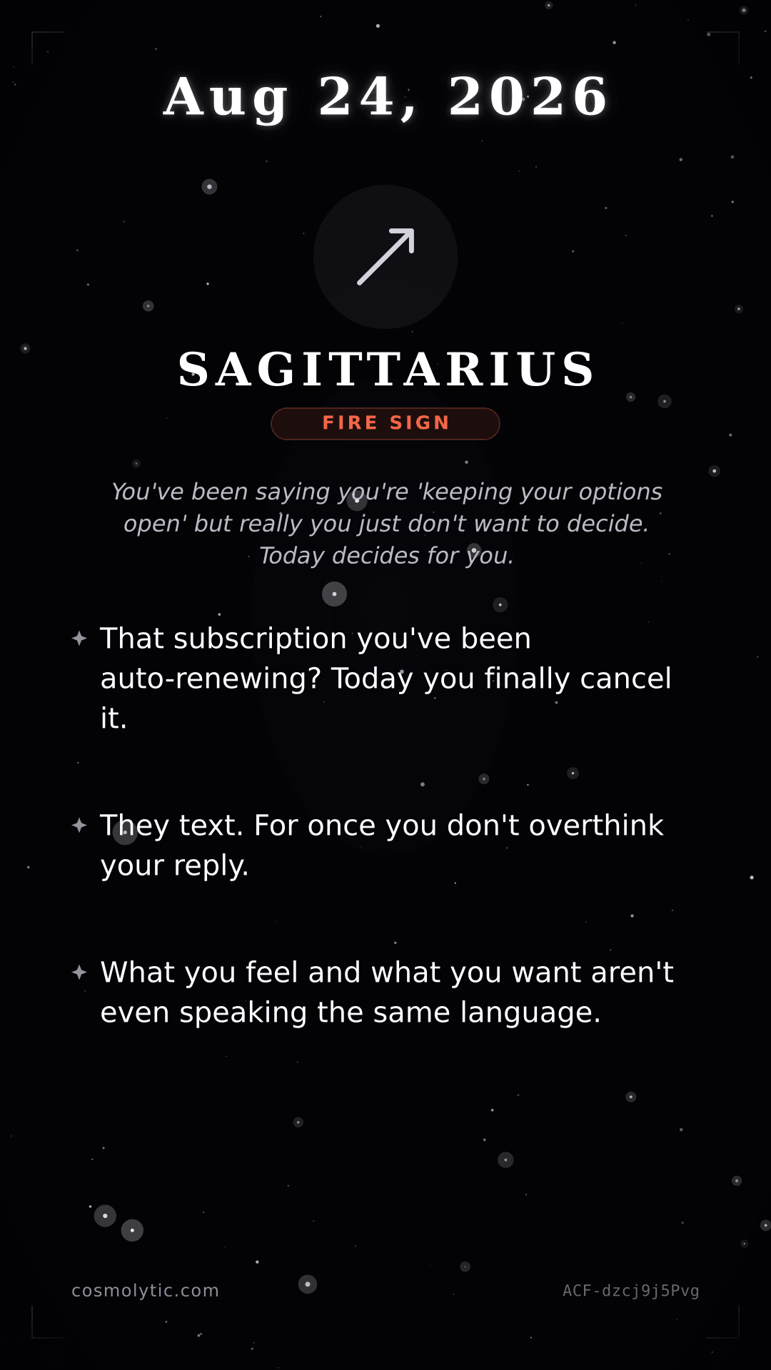 Sagittarius daily horoscope card for August 24, 2026