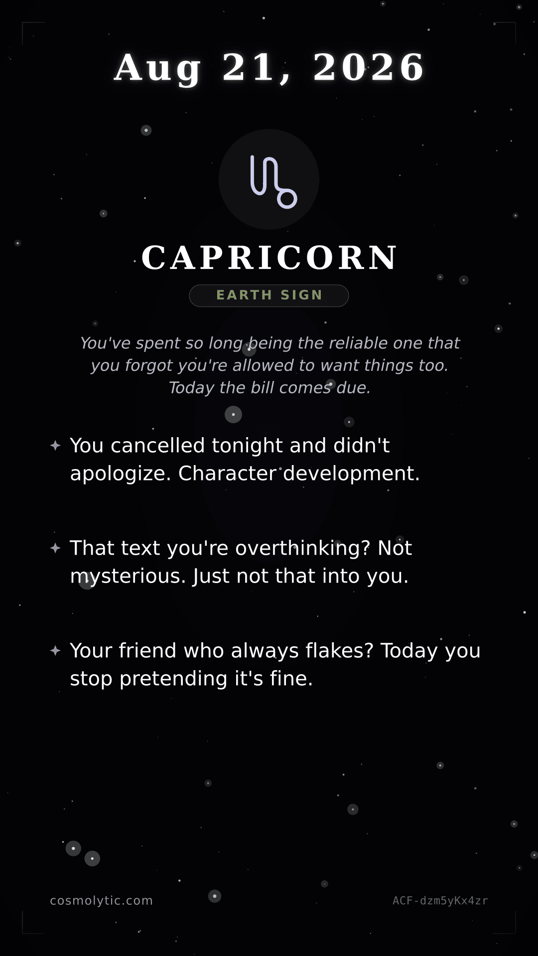 Capricorn daily horoscope card for August 21, 2026