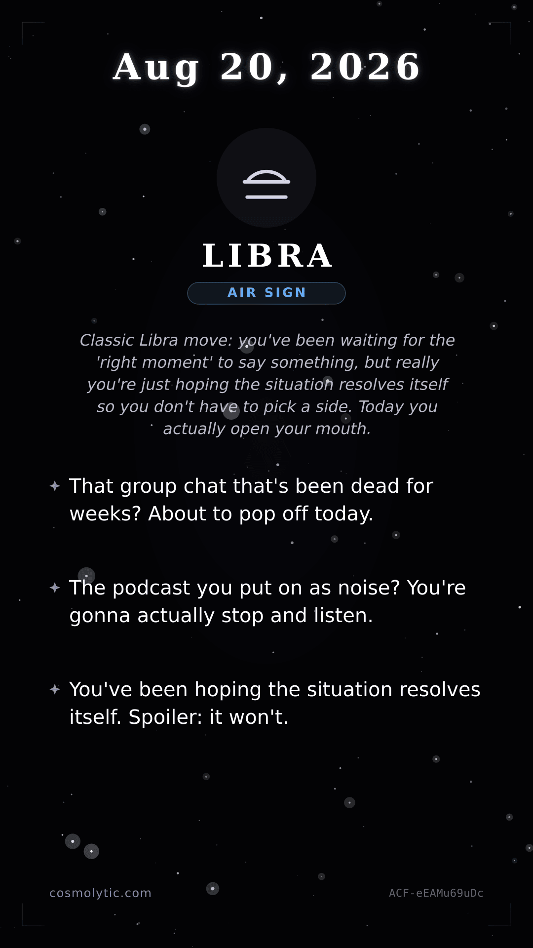 Libra daily horoscope card for August 20, 2026