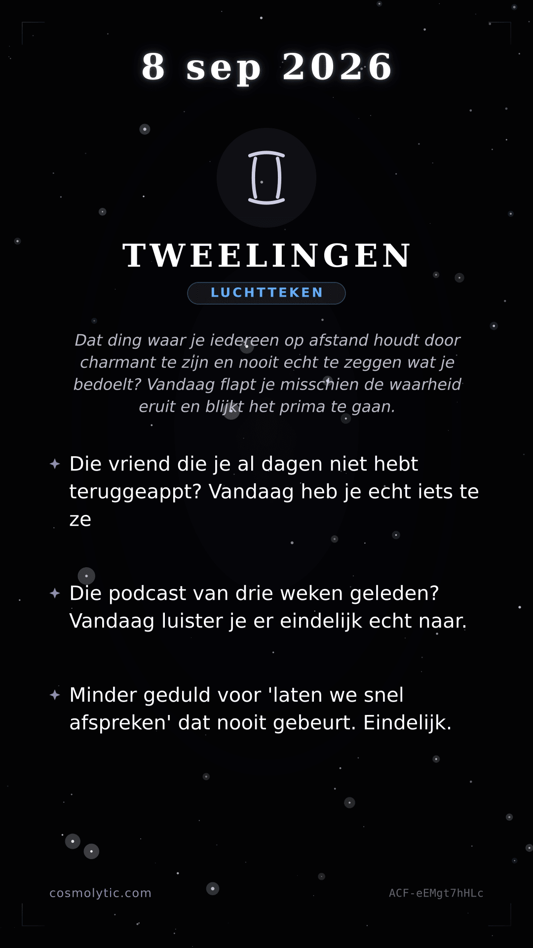 Tweelingen daghoroscoop kaart voor 8 september 2026
