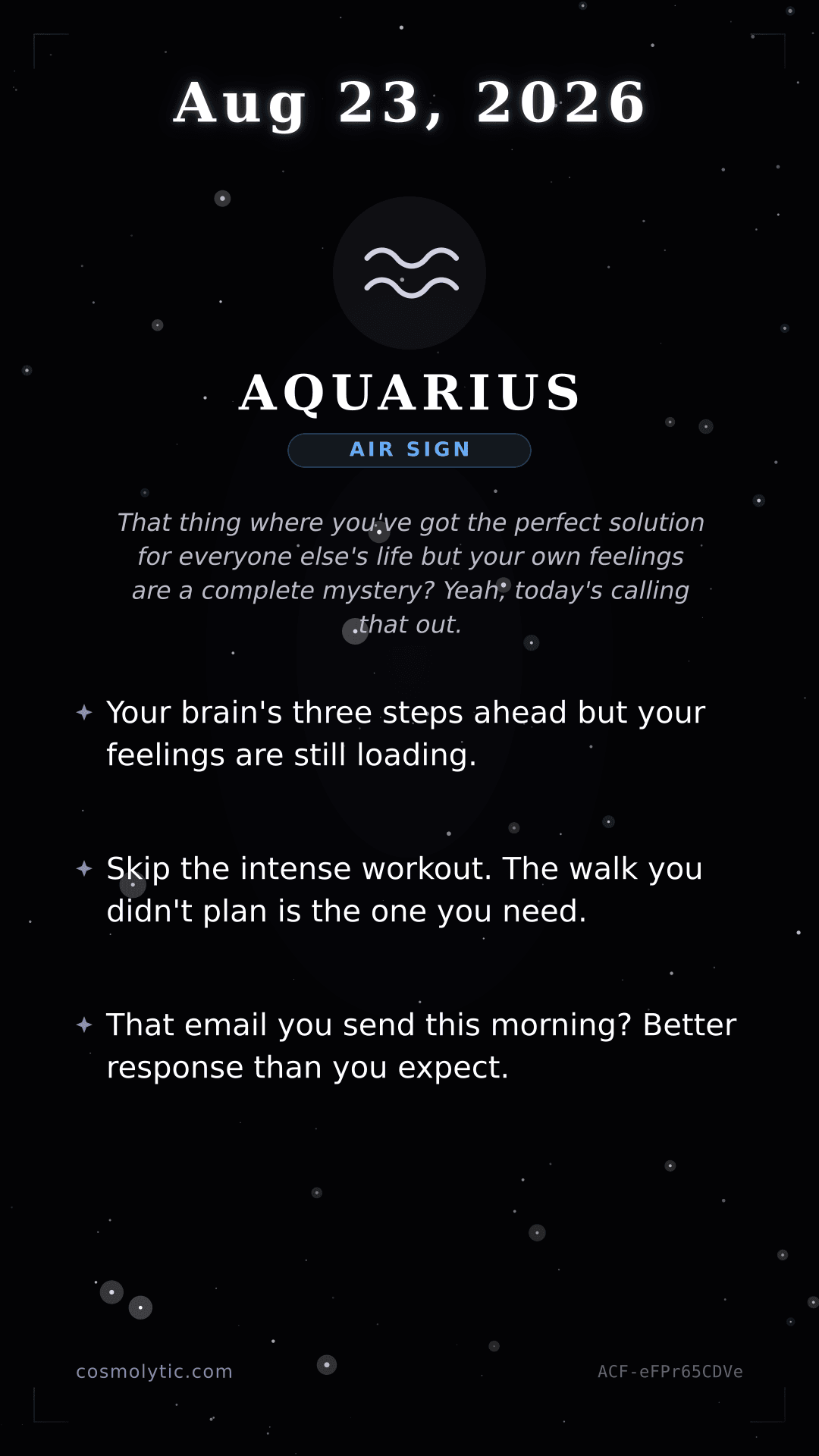 Aquarius daily horoscope card for August 23, 2026