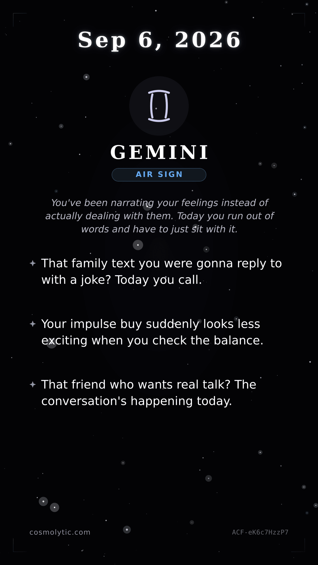 Gemini daily horoscope card for September 6, 2026