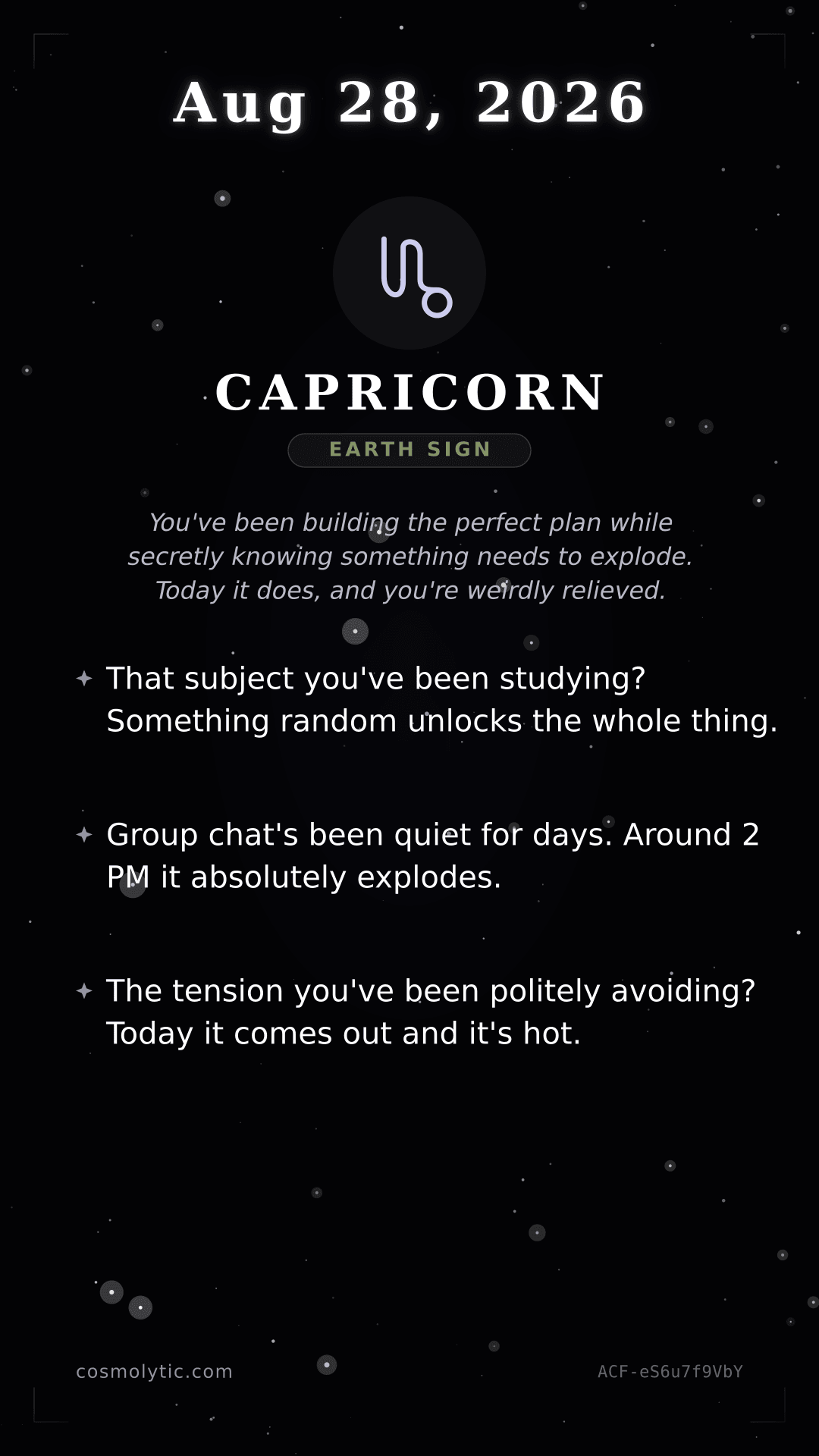 Capricorn daily horoscope card for August 28, 2026