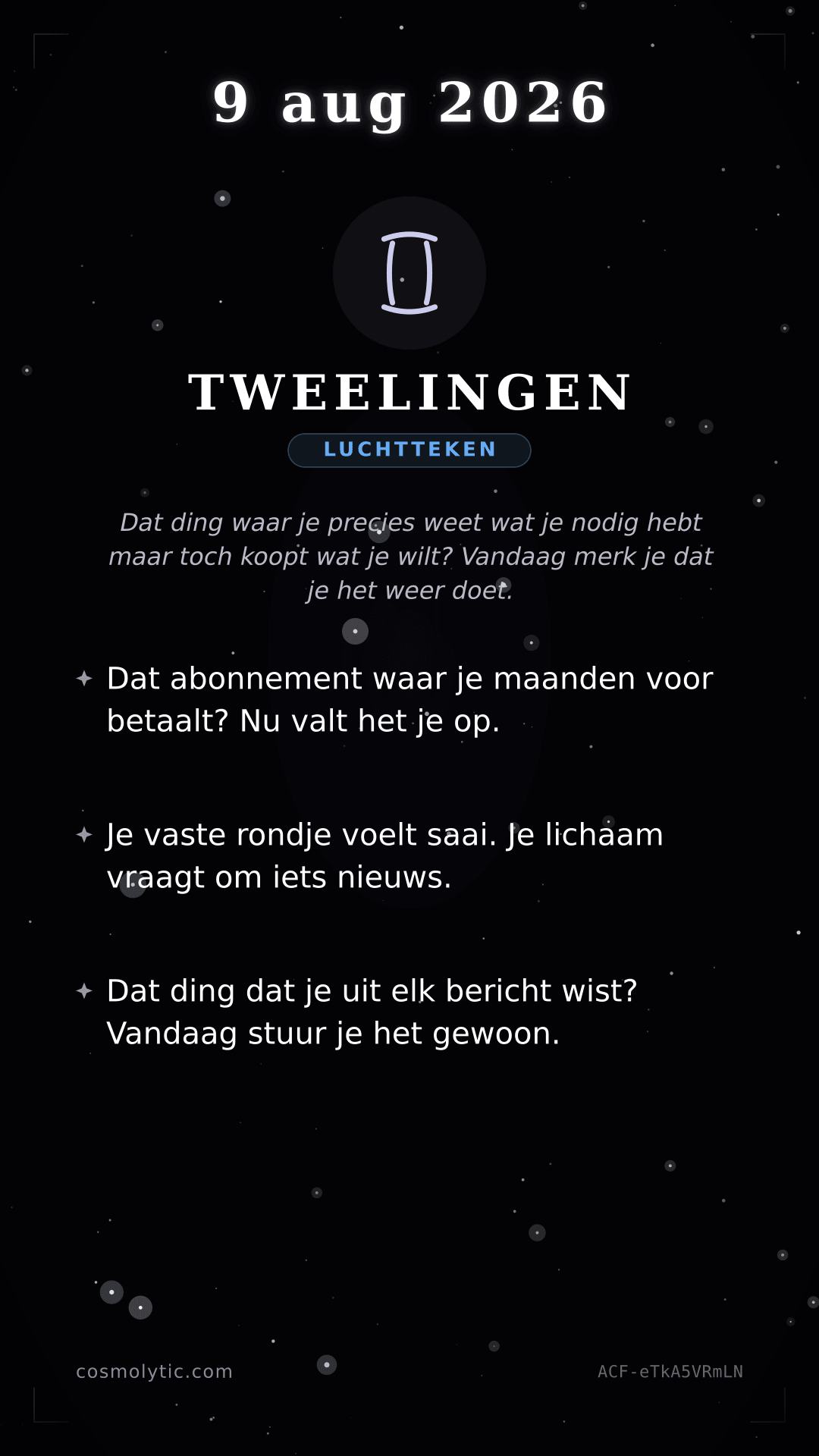 Tweelingen daghoroscoop kaart voor 9 augustus 2026