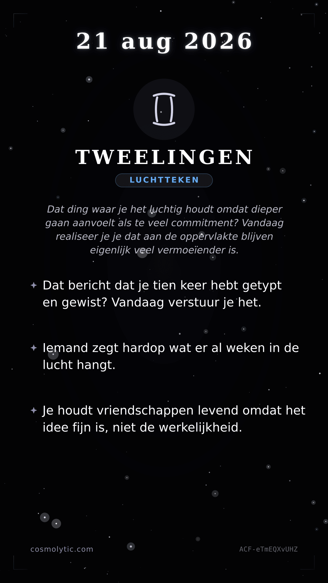 Tweelingen daghoroscoop kaart voor 21 augustus 2026