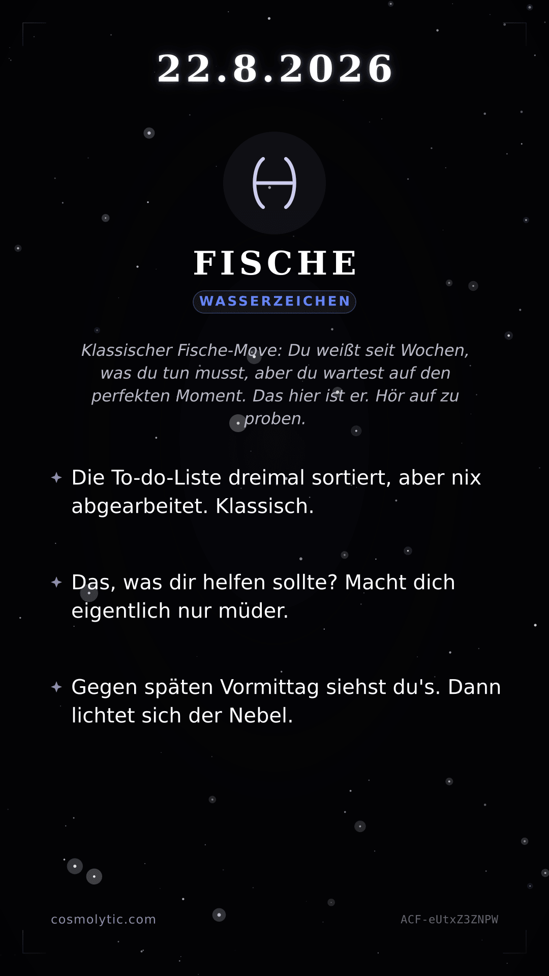 Fische Tageshoroskop-Karte für 22. August 2026