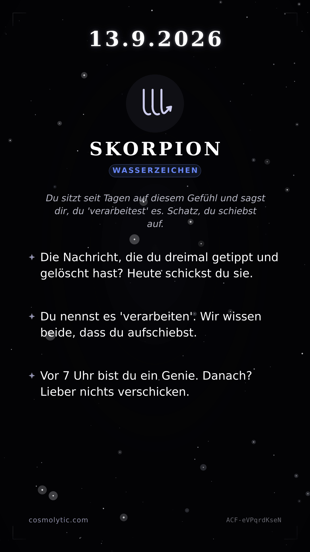 Skorpion Tageshoroskop-Karte für 13. September 2026