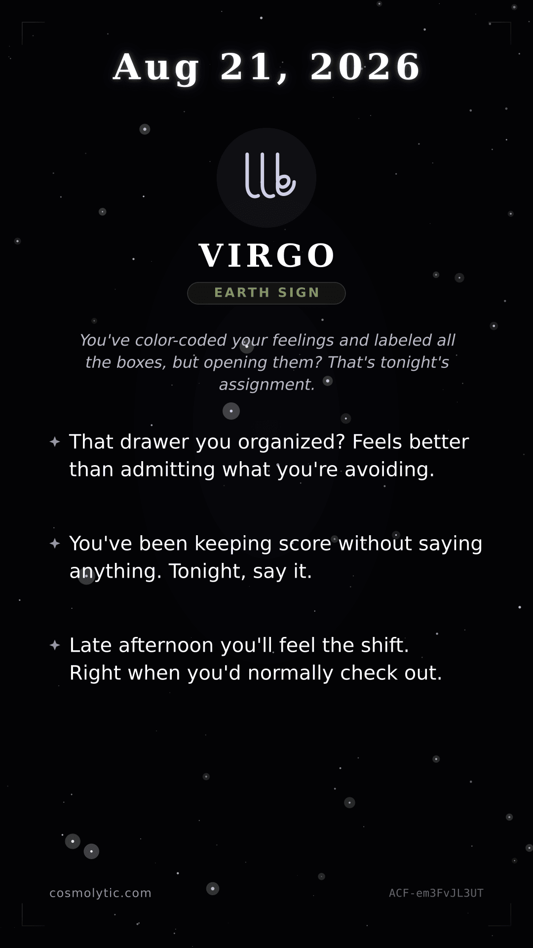 Virgo daily horoscope card for August 21, 2026