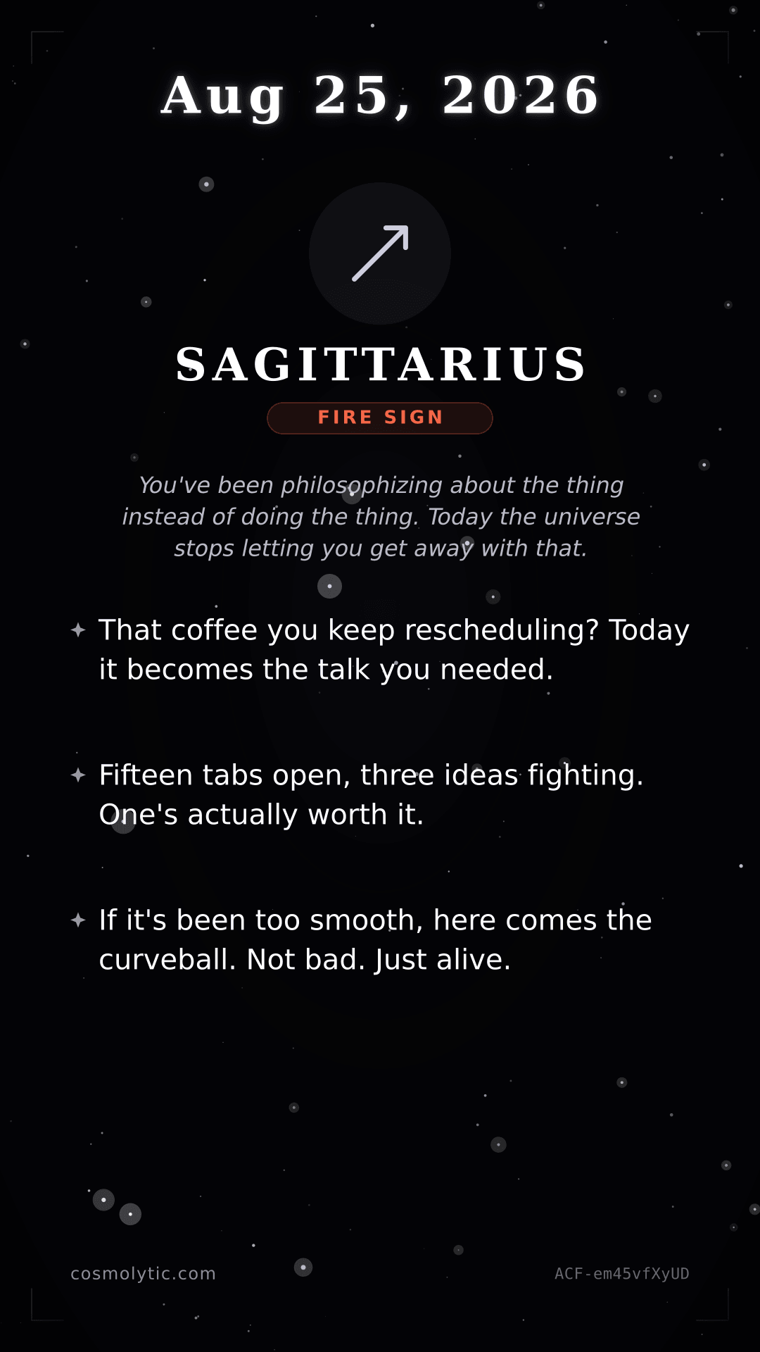 Sagittarius daily horoscope card for August 25, 2026