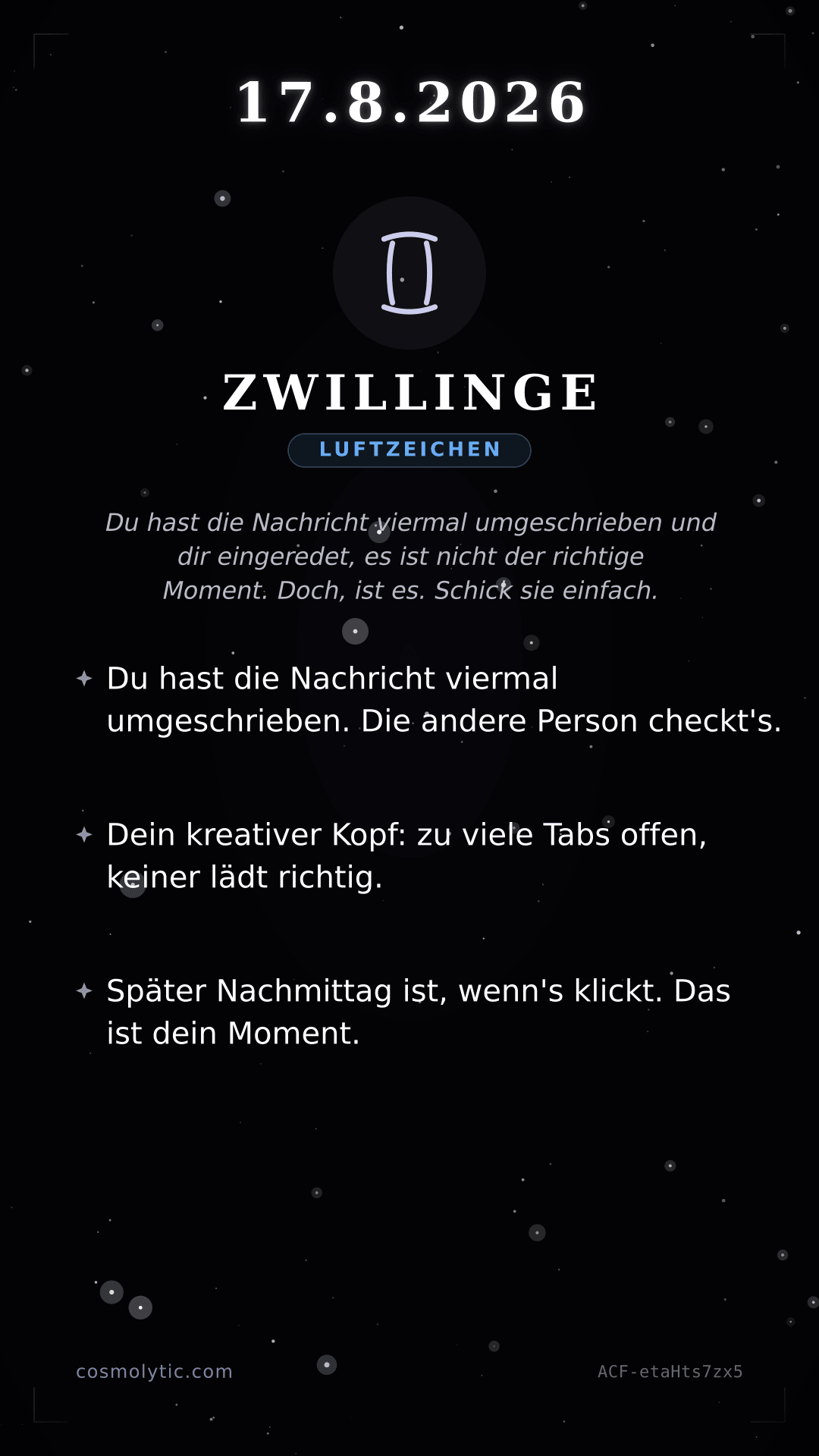 Zwillinge Tageshoroskop-Karte für 17. August 2026