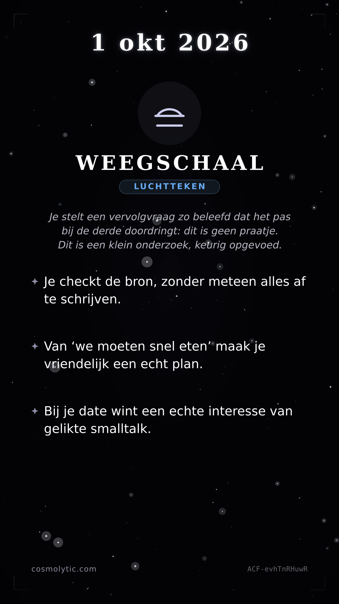 Weegschaal daghoroscoop kaart voor 1 oktober 2026