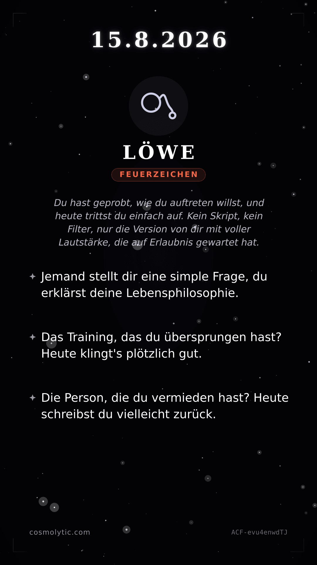 Löwe Tageshoroskop-Karte für 15. August 2026