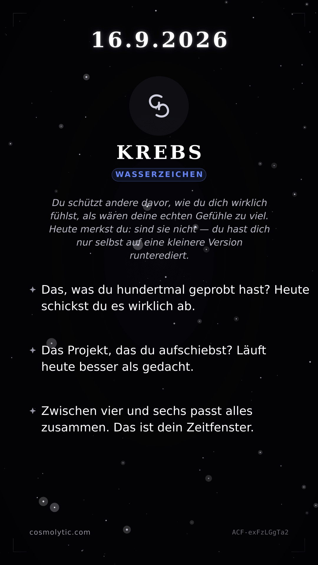 Krebs Tageshoroskop-Karte für 16. September 2026