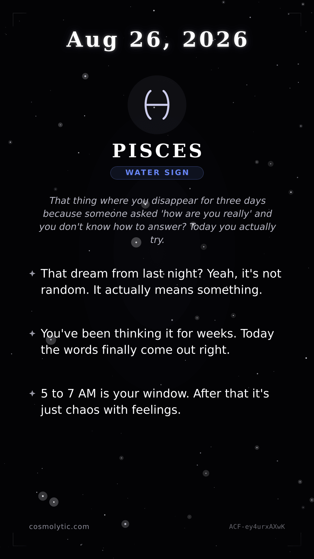 Pisces daily horoscope card for August 26, 2026